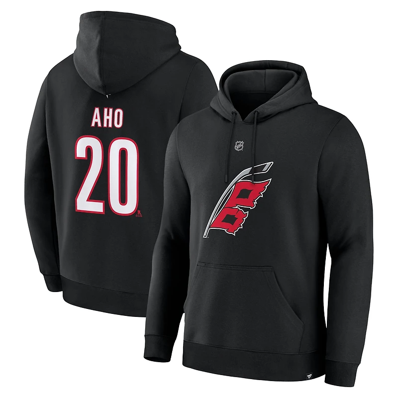 Men's Fanatics Sebastian Aho Black Carolina Hurricanes Authentic Stack Name & Number Hoodie