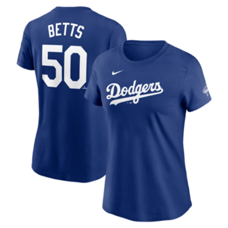 Women's Nike Mookie Betts Royal Los Angeles Dodgers 2025 World Series Champions Name & Number T-Shirt
