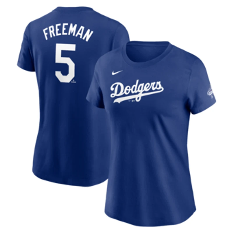 Women's Nike Freddie Freeman Royal Los Angeles Dodgers 2025 World Series Champions Name & Number T-Shirt