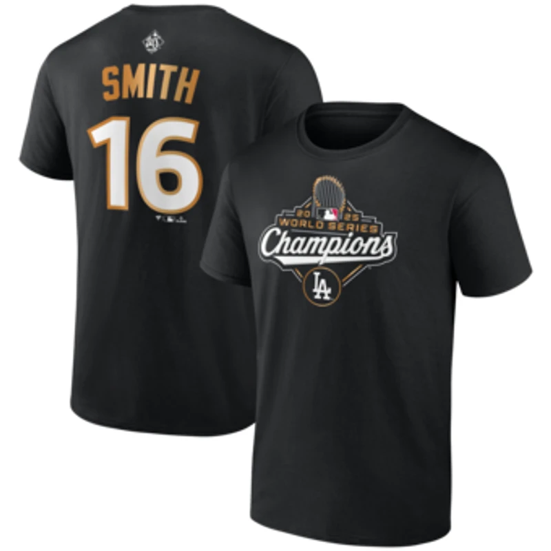 Men's Fanatics Will Smith Black Los Angeles Dodgers 2025 World Series Champions Name & Number T-Shirt