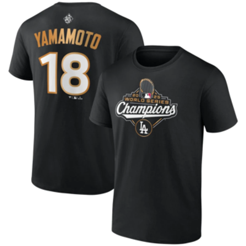 Men's Fanatics Yoshinobu Yamamoto Black Los Angeles Dodgers 2025 World Series Champions Name & Number T-Shirt