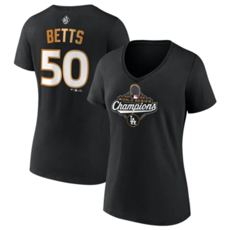 Women's Fanatics Mookie Betts Black Los Angeles Dodgers 2025 World Series Champions Name & Number V-Neck T-Shirt