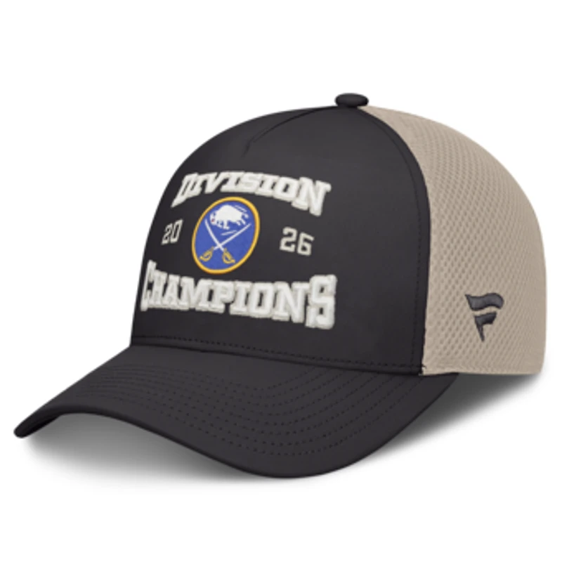 Men's Fanatics Black/Tan Buffalo Sabres 2026 Atlantic Division Champions Locker Room Trucker Adjustable Hat