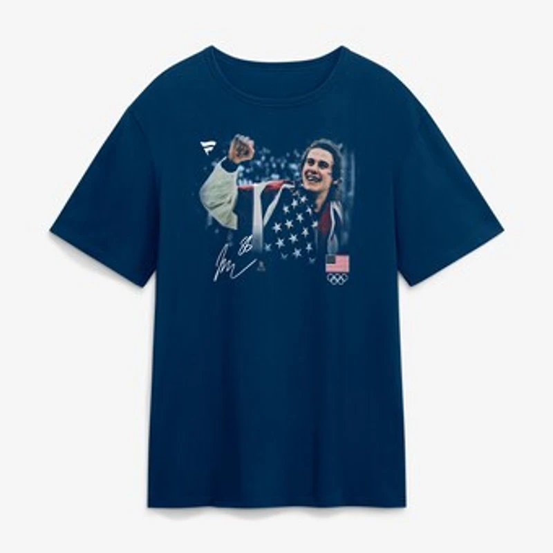 Men's Fanatics Jack Hughes Navy US Men's Olympic Hockey Gold Medal Flag T-Shirt