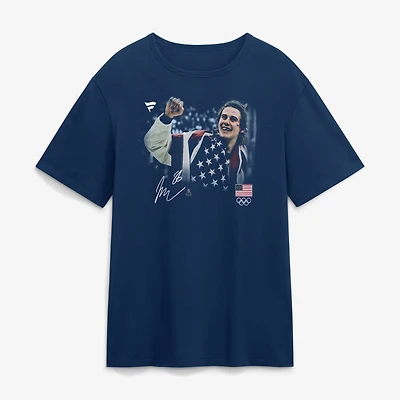 Men's Fanatics Jack Hughes Navy US Men's Olympic Hockey Gold Medal Flag T-Shirt