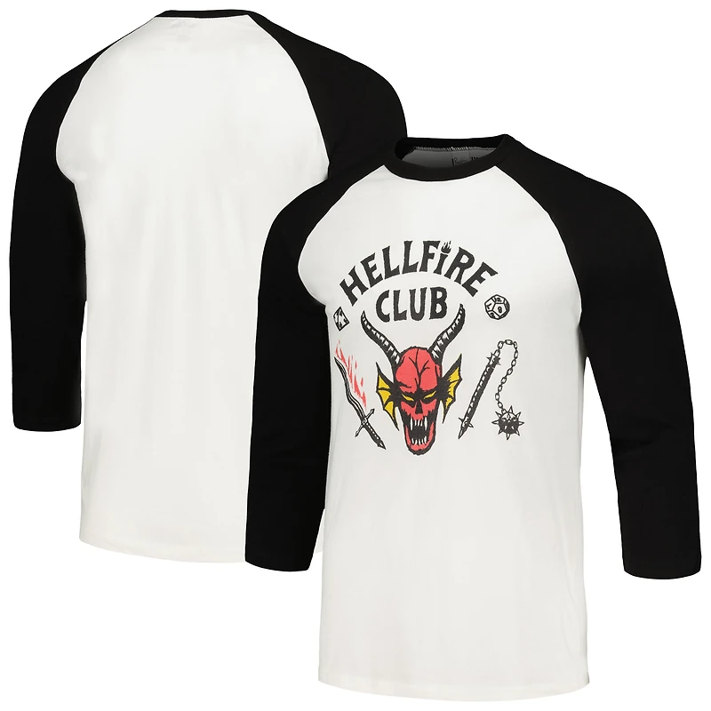 Unisex White Stranger Things Hellfire Club Raglan Three-Quarter Sleeve T-Shirt