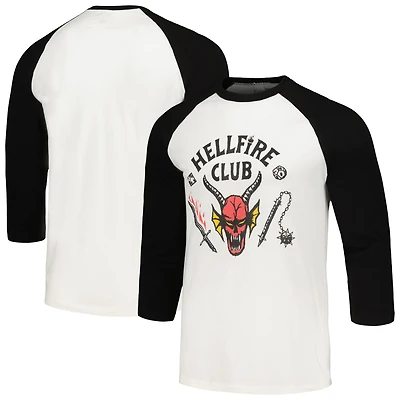 Unisex White Stranger Things Hellfire Club Raglan Three-Quarter Sleeve T-Shirt