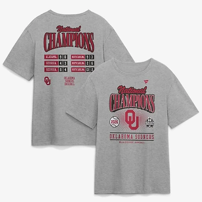 Men's Fanatics Gray Oklahoma Sooners 2026 NCAA Baseball Men's College World Series Champions Schedule T-Shirt