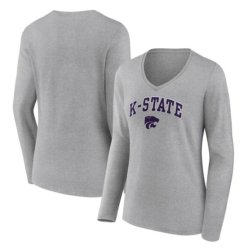 Women's Heather Gray Kansas State Wildcats Campus Long Sleeve V-Neck T-Shirt