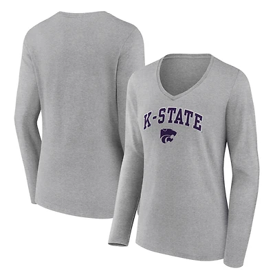 Women's Heather Gray Kansas State Wildcats Campus Long Sleeve V-Neck T-Shirt