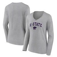 Women's Heather Gray Kansas State Wildcats Campus Long Sleeve V-Neck T-Shirt
