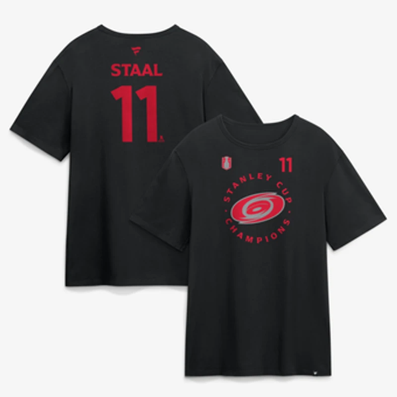Men's Fanatics Jordan Staal Black Carolina Hurricanes 2026 Stanley Cup Champions Authentic Pro Name & Number T-Shirt