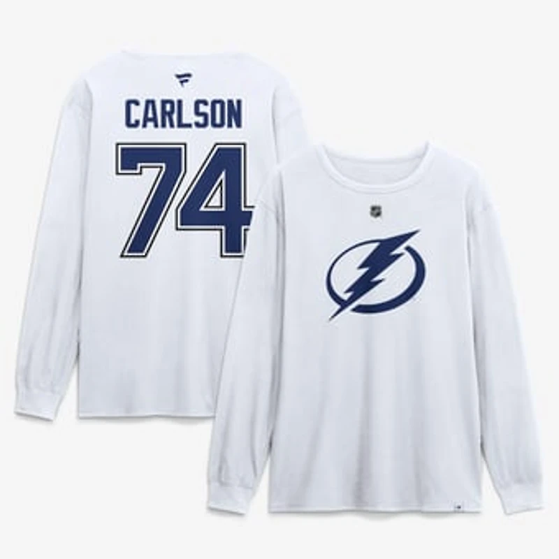 Men's Fanatics John Carlson White Tampa Bay Lightning Authentic Stack Name & Number Long Sleeve T-Shirt