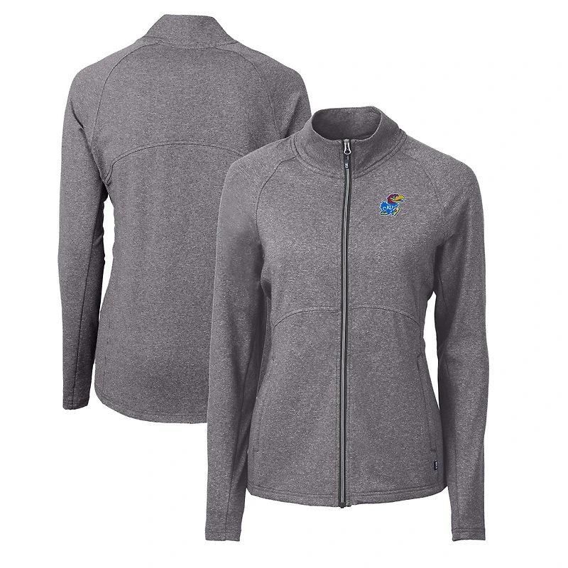 Women's Cutter & Buck Heather Black Kansas Jayhawks Adapt Eco Knit Heather Recycled Full-Zip Jacket