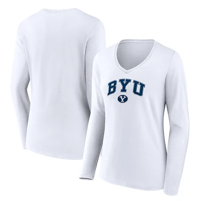 Women's White BYU Cougars Campus Long Sleeve V-Neck T-Shirt