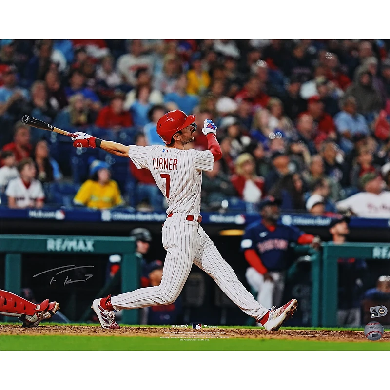 Trea Turner Philadelphia Phillies Autographed 16" x 20" White Jersey Hitting Photograph