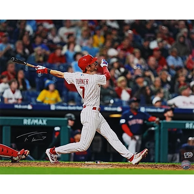 Trea Turner Philadelphia Phillies Autographed 16" x 20" White Jersey Hitting Photograph
