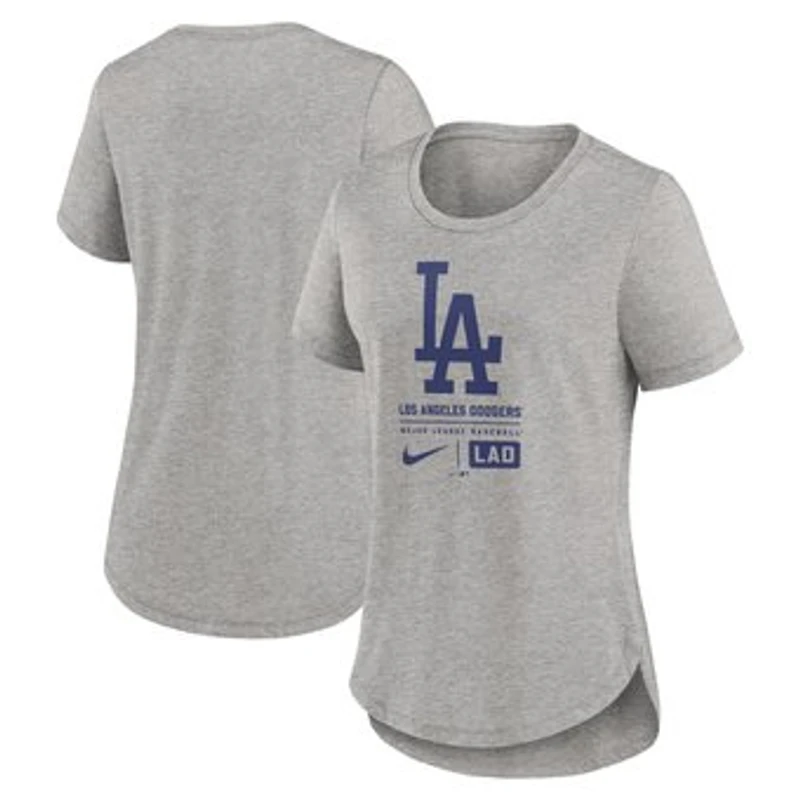 Women's Nike Heather Gray Los Angeles Dodgers Large Logo Stack Tri-Blend T-Shirt