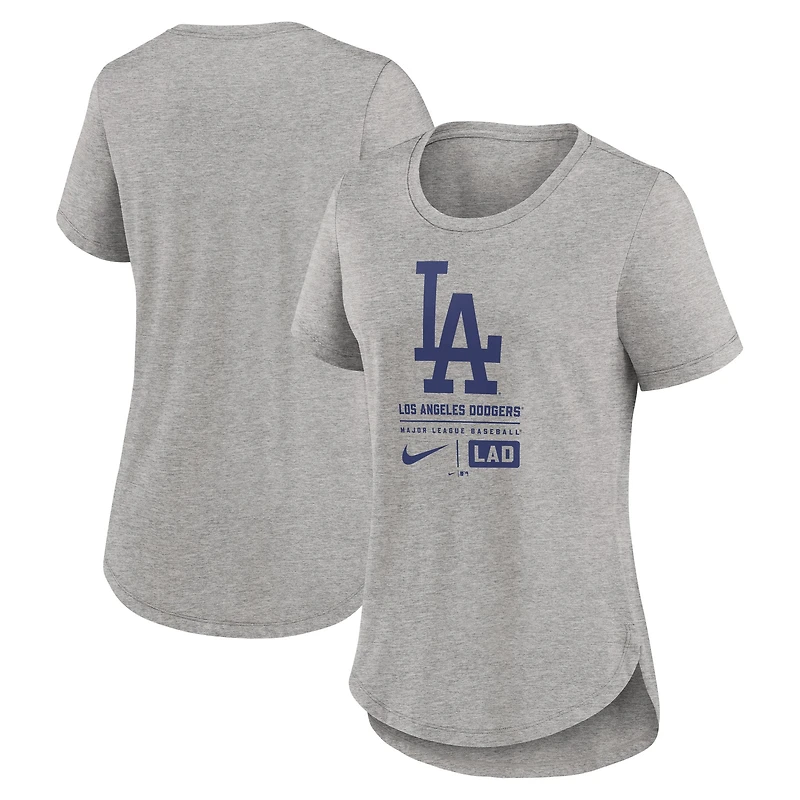 Women's Nike Heather Gray Los Angeles Dodgers Large Logo Stack Tri-Blend T-Shirt