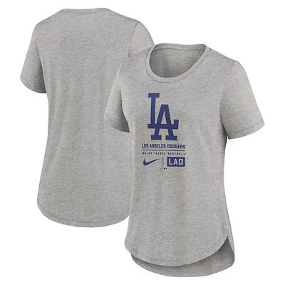 Women's Nike Heather Gray Los Angeles Dodgers Large Logo Stack Tri-Blend T-Shirt
