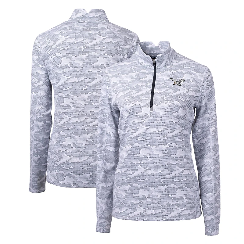 Women's Cutter & Buck  Charcoal Philadelphia Eagles Gridiron Classics Logo Traverse Camo Print Stretch Quarter-Zip Pullover Top