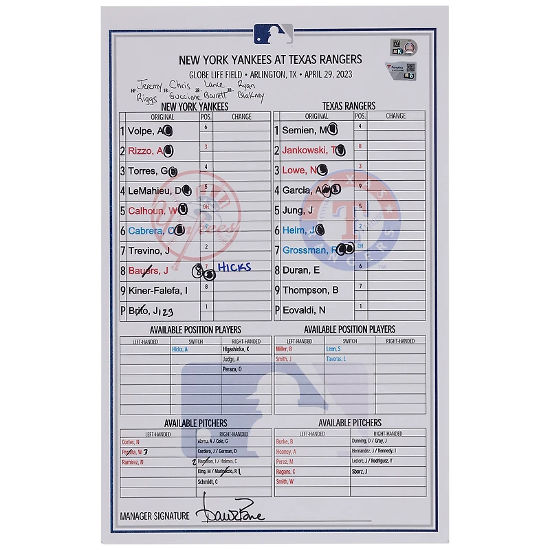 New York Yankees Game-Used Lineup Card vs. Texas Rangers on April 29, 2023