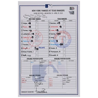 New York Yankees Game-Used Lineup Card vs. Texas Rangers on April 29, 2023