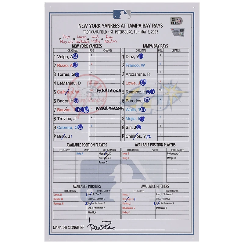 New York Yankees Game-Used Lineup Card vs. Tampa Bay Rays on May 5, 2023
