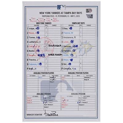 New York Yankees Game-Used Lineup Card vs. Tampa Bay Rays on May 5, 2023