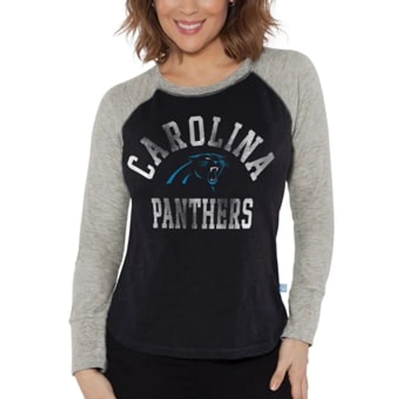Women's G-III 4Her by Carl Banks Black/Heather Gray Carolina Panthers Waffle Knit Raglan Long Sleeve T-Shirt