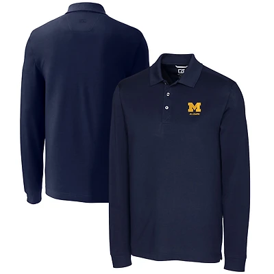 Men's Cutter & Buck Navy Michigan Wolverines Alumni Logo Advantage Tri-Blend Pique Long Sleeve DryTec Polo