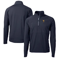 Men's Cutter & Buck  Navy West Virginia Mountaineers Alumni Logo Adapt Eco Knit Hybrid Recycled Quarter-Zip Pullover Top