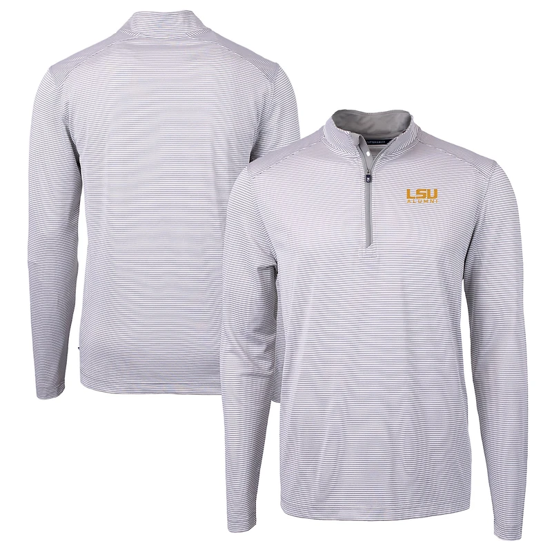 Men's Cutter & Buck  Gray LSU Tigers Alumni Logo DryTec Virtue Eco Pique Micro Stripe Recycled Quarter-Zip Pullover Top