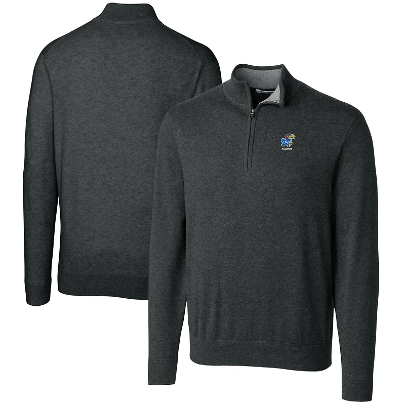 Men's Cutter & Buck  Heather Charcoal Kansas Jayhawks Alumni Logo Lakemont Tri-Blend Quarter-Zip Pullover Sweater