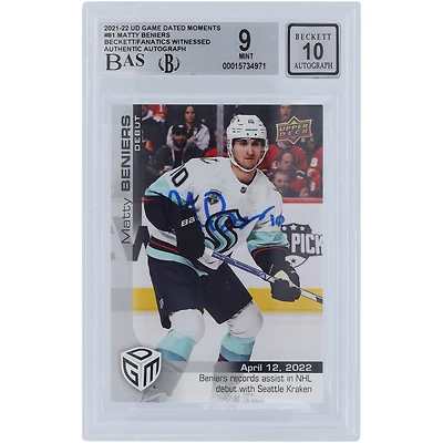 Matty Beniers Seattle Kraken Autographed 2021-22 Upper Deck Game Dated Moments NHL Debut #81 Beckett Fanatics Witnessed Authenticated 9/10 Rookie Card