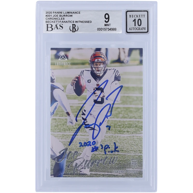 Joe Burrow Cincinnati Bengals Autographed 2020 Panini Luminance #201 Beckett Fanatics Witnessed Authenticated 9/10 Rookie Card with "2020 #1 PICK" Inscription
