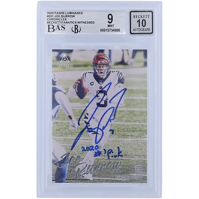 Joe Burrow Cincinnati Bengals Autographed 2020 Panini Luminance #201 Beckett Fanatics Witnessed Authenticated 9/10 Rookie Card with "2020 #1 PICK" Inscription