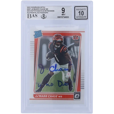 Ja'Marr Chase Cincinnati Bengals Autographed 2021 Panini Donruss Optic Rated Rookie #207 Beckett Fanatics Witnessed Authenticated 9/10 Rookie Card with "Who Dey" Inscription