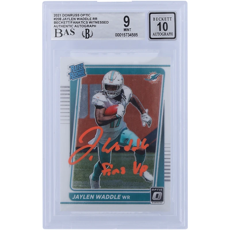 Jaylen Waddle Miami Dolphins Autographed 2021 Panini Donruss Optic Rated Rookie Orange Ink #208 Beckett Fanatics Witnessed Authenticated /10 Rookie Card with "FINS UP" Inscription