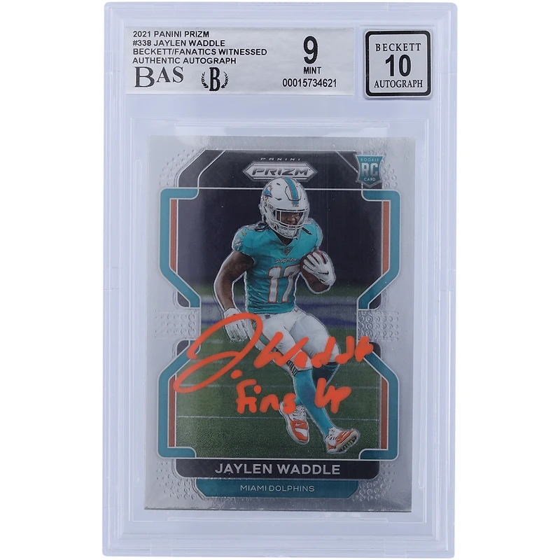 Jaylen Waddle Miami Dolphins Autographed 2021 Panini Prizm Orange Ink #338 Beckett Fanatics Witnessed Authenticated 9/10 Rookie Card with "FINS UP" Inscription