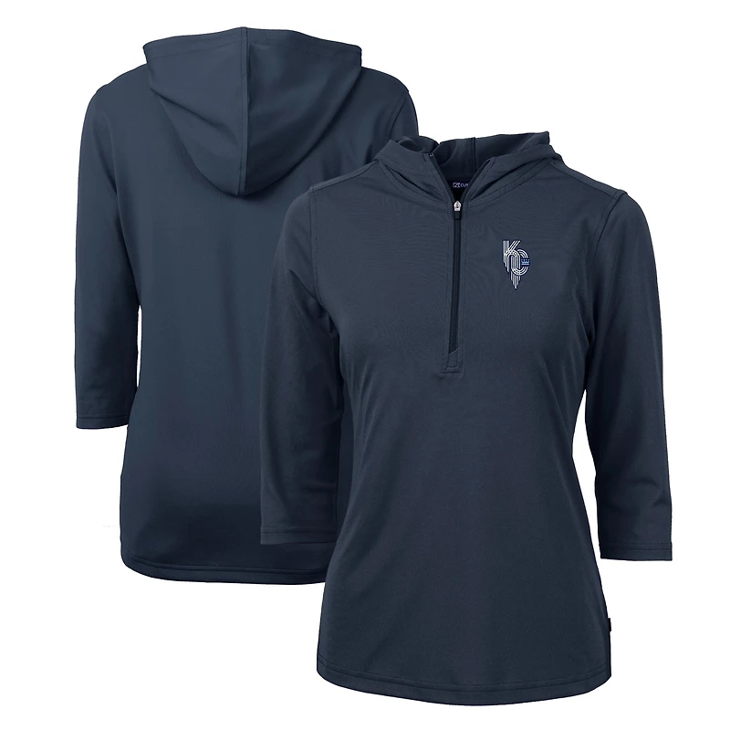 Women's Cutter & Buck  Navy Kansas City Royals City Connect DryTec Virtue Eco Pique Recycled 3/4-Sleeve Half-Zip Pullover Hoodie