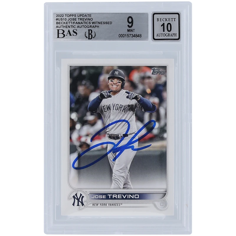 Jose Trevino New York Yankees Autographed 2022 Topps Update #US10 Beckett Fanatics Witnessed Authenticated 9/10 Card