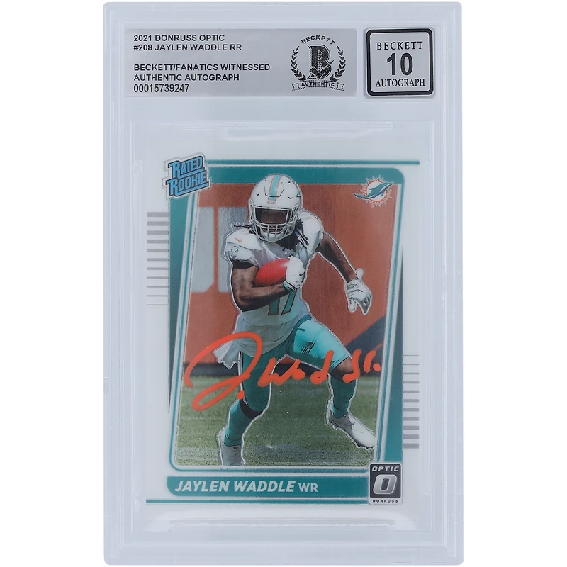 Jaylen Waddle Miami Dolphins Autographed 2021 Panini Donruss Optic Rated Rookie Orange Ink #208 Beckett Fanatics Witnessed Authenticated 10 Rookie Card