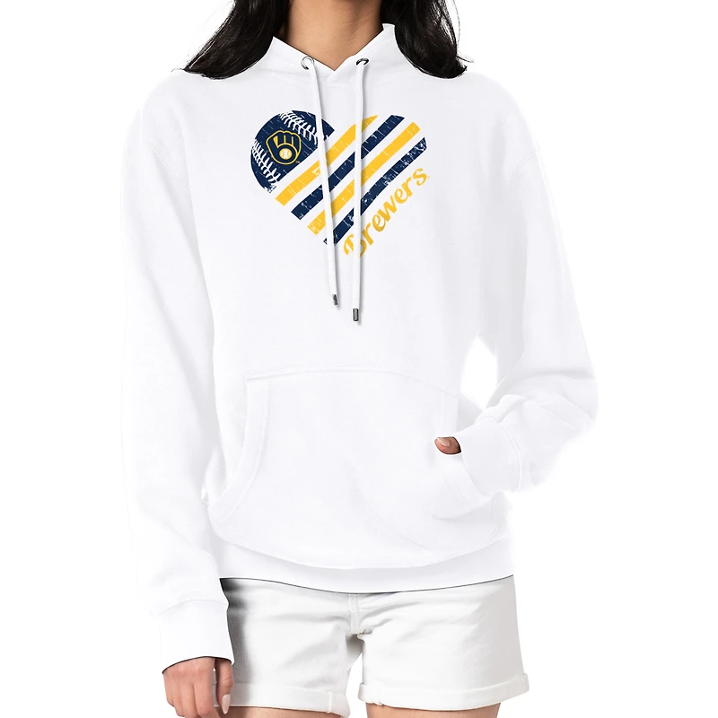 Women's G-III 4Her by Carl Banks White Milwaukee Brewers Heart Fleece Pullover Hoodie