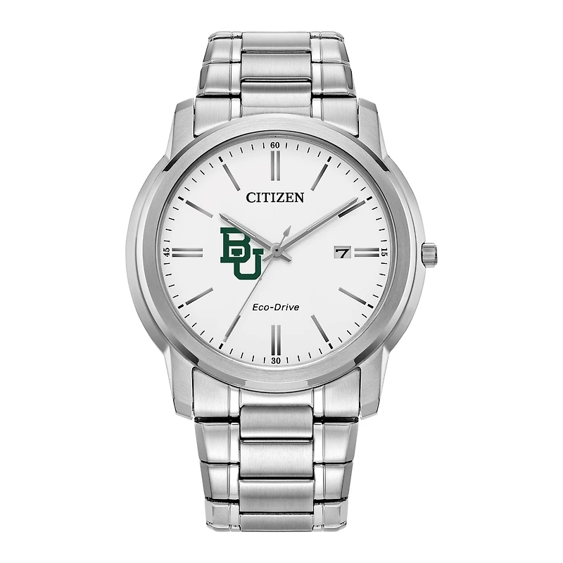 Men's Citizen Watch Silver Baylor Bears Eco-Drive White Dial Stainless Steel Watch