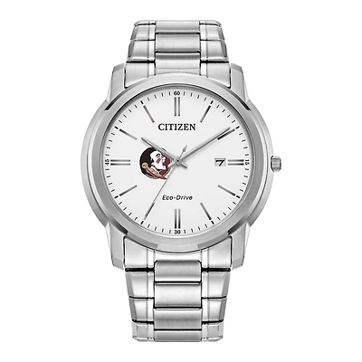 Men's Citizen Watch Silver Florida State Seminoles Eco-Drive White Dial Stainless Steel Watch