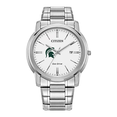 Men's Citizen Watch Silver Michigan State Spartans Eco-Drive White Dial Stainless Steel Watch