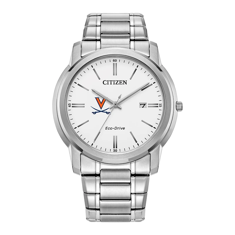 Men's Citizen Watch Silver Virginia Cavaliers Eco-Drive White Dial Stainless Steel Watch