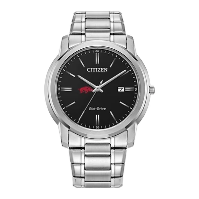 Men's Citizen Watch Silver Arkansas Razorbacks Eco-Drive Black Dial Stainless Steel Watch