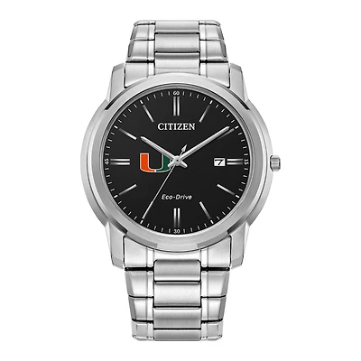 Men's Citizen Watch Silver Miami Hurricanes Eco-Drive Black Dial Stainless Steel Watch